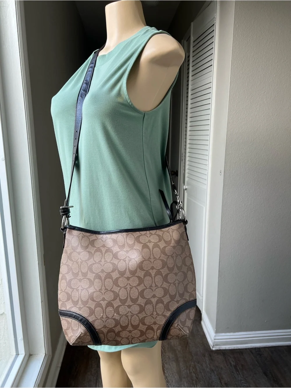 Coach Brown Monogram Crossbody Bag with Black Trim